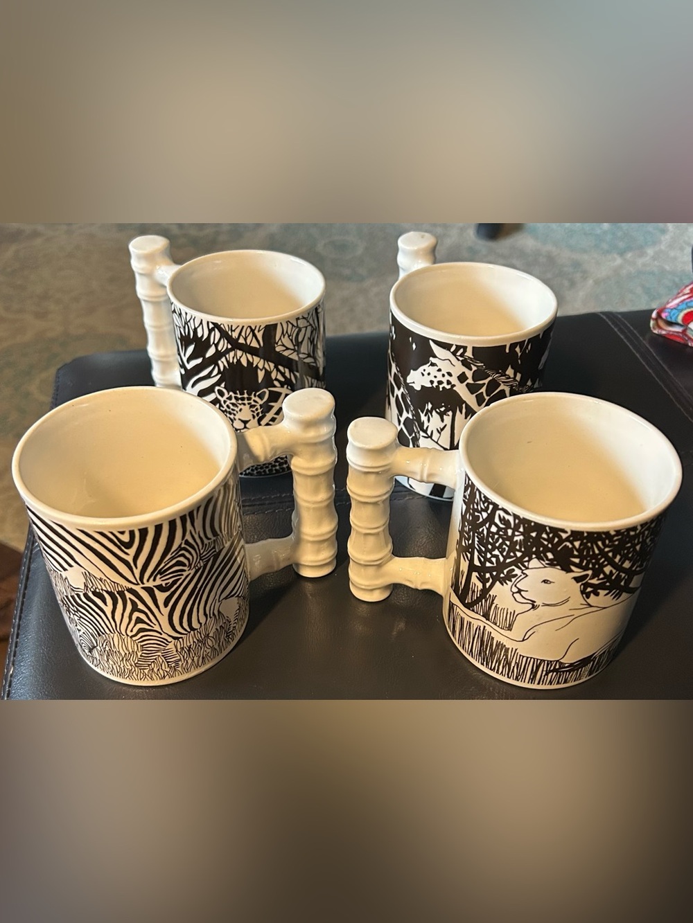4- Vintage 1970s safari-themed ceramic coffee mugs W/black and white animals